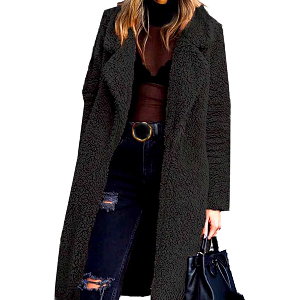 Angashion black fuzzy teddy coat
